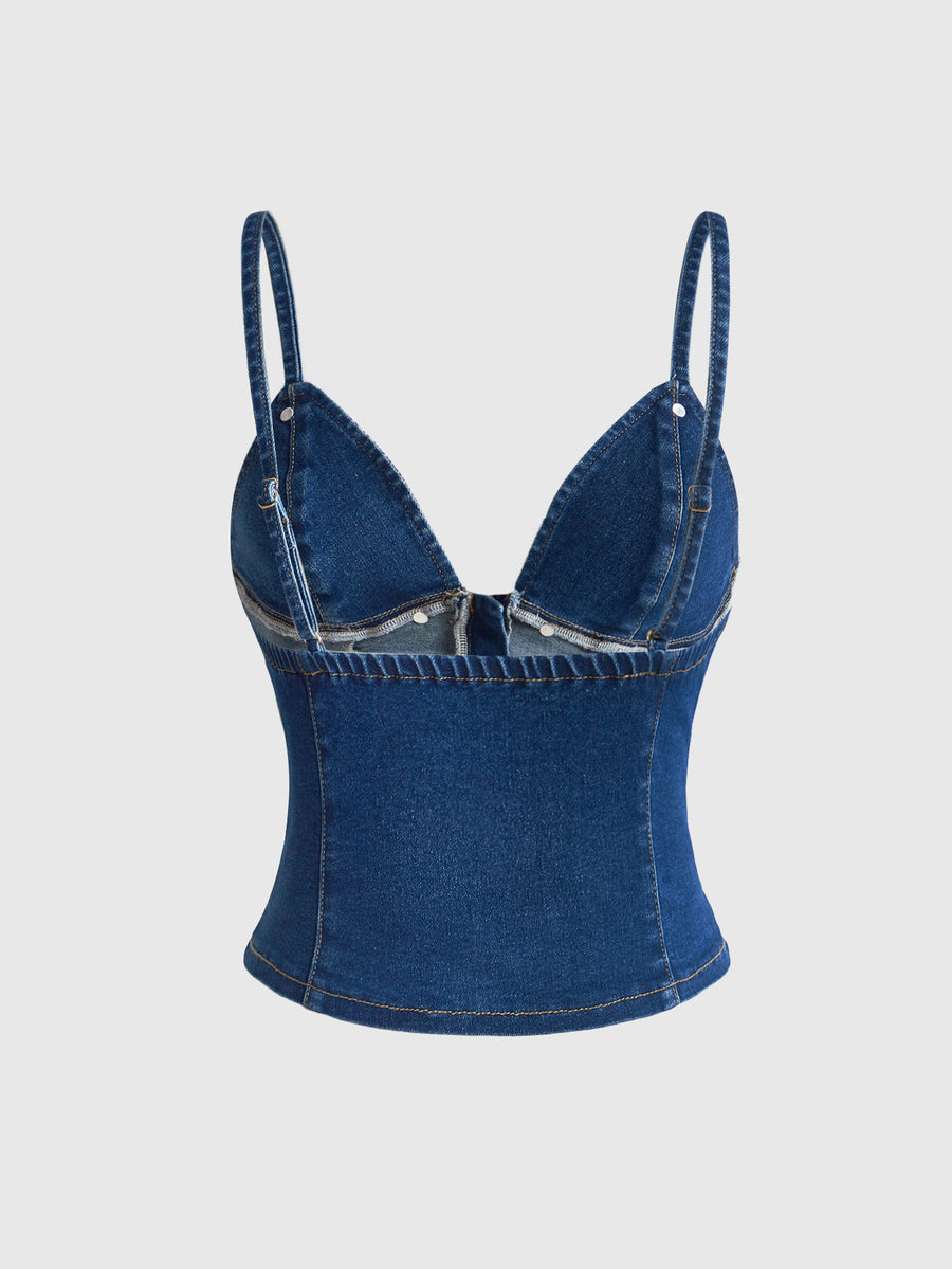 Women's blue fitted denim camisole top featuring metal buckle details, ruched cup design, zipper placket, and thin spaghetti straps.