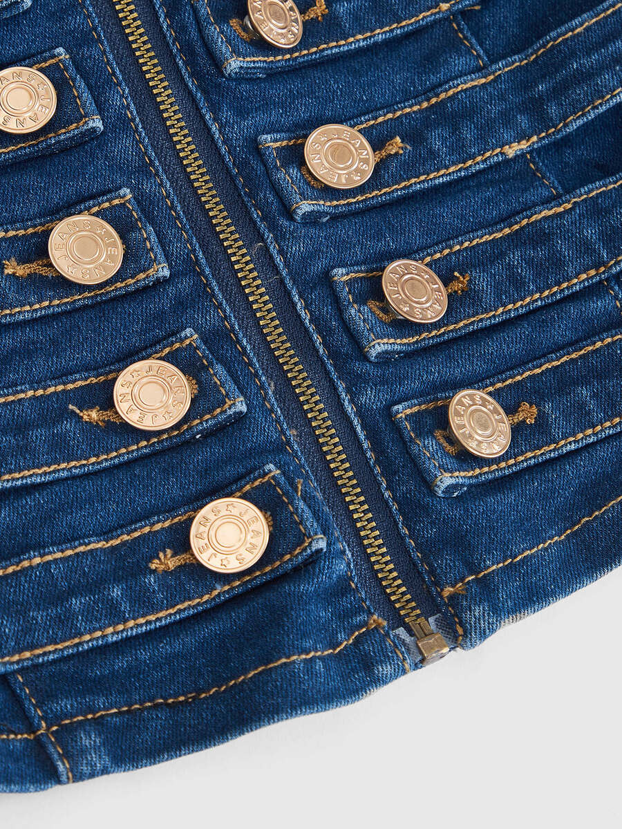 Women's blue fitted denim camisole top featuring metal buckle details, ruched cup design, zipper placket, and thin spaghetti straps.