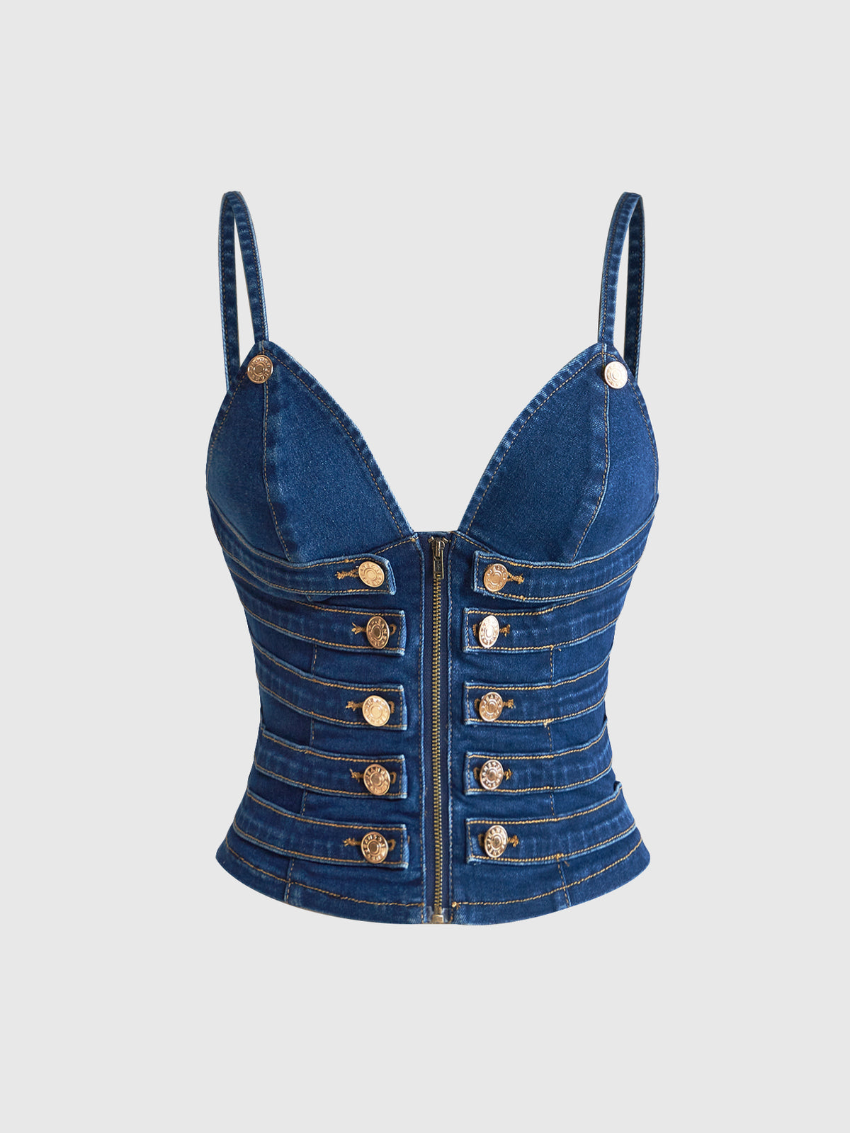 Women's blue fitted denim camisole top featuring metal buckle details, ruched cup design, zipper placket, and thin spaghetti straps.