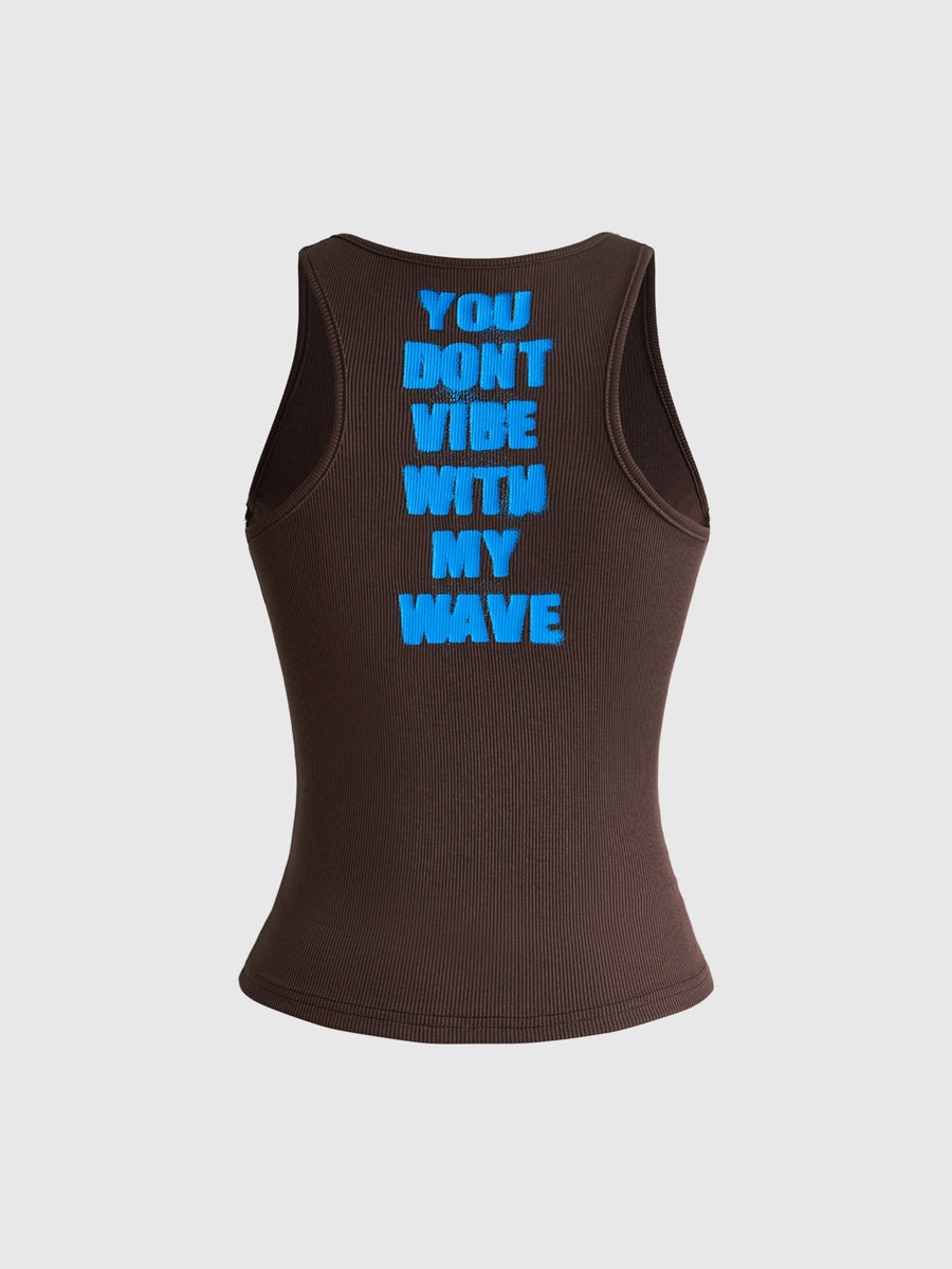 Women's slim fit scoop neck tank top in knitted fabric featuring a bold graphic letter slogan print on the front.
