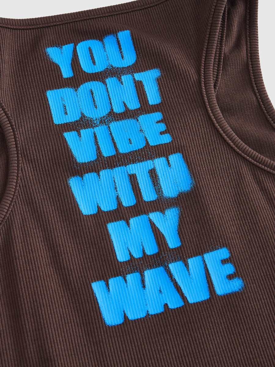 Women's slim fit scoop neck tank top in knitted fabric featuring a bold graphic letter slogan print on the front.
