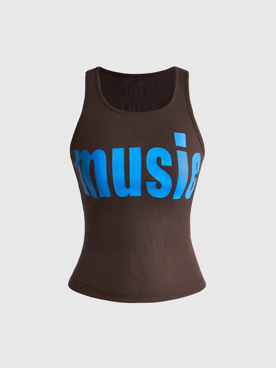 Women's slim fit scoop neck tank top in knitted fabric featuring a bold graphic letter slogan print on the front.