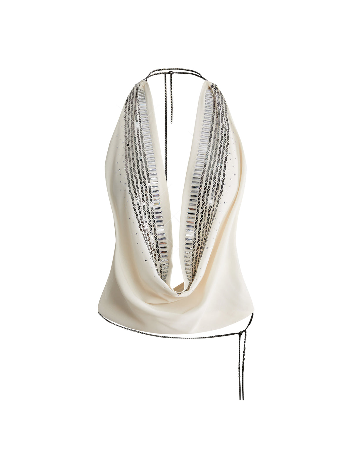 Women wearing a black Y2K draped halter neck backless sequin crop top crafted from semi-sheer chiffon fabric.