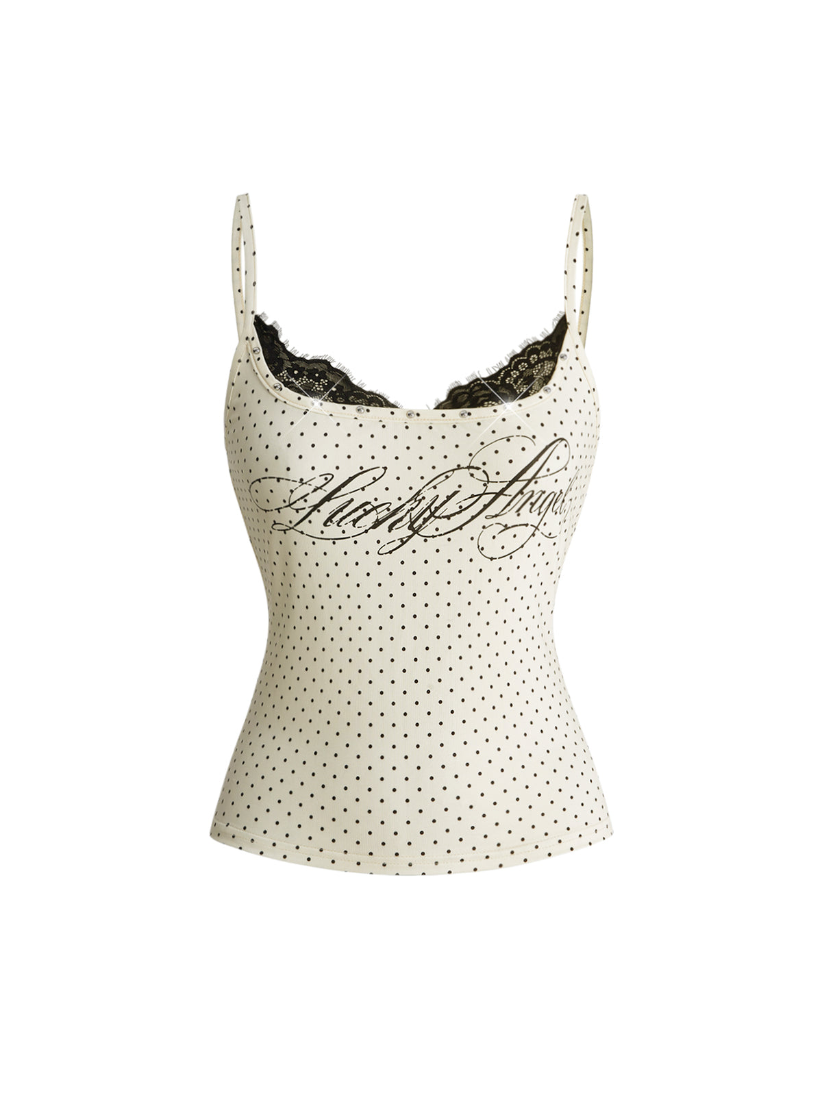 Black 2-in-1 lace patchwork cami tank top featuring spaghetti straps, contrast lace trim, and matching arm sleeves.