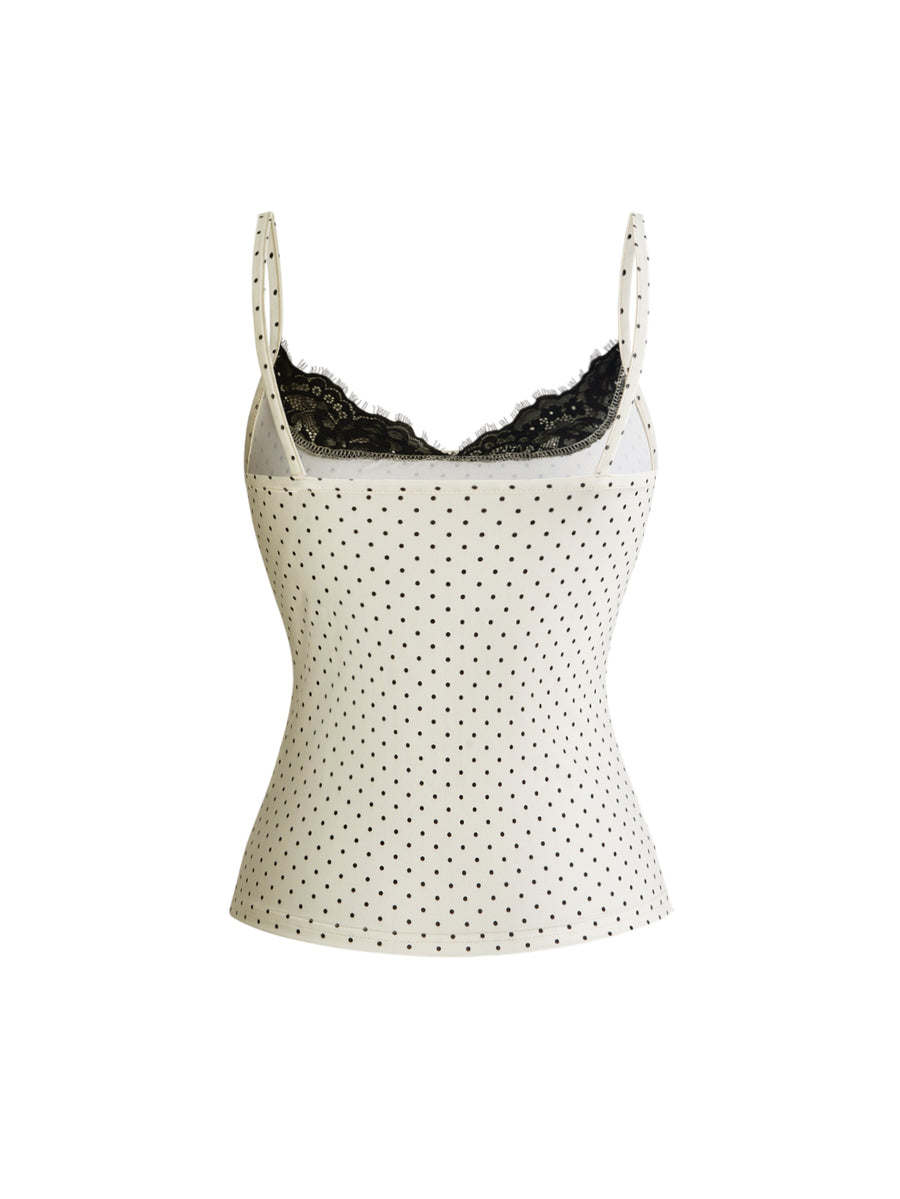 Black 2-in-1 lace patchwork cami tank top featuring spaghetti straps, contrast lace trim, and matching arm sleeves.