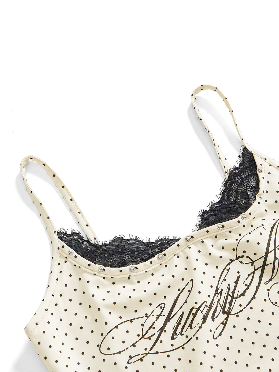 Black 2-in-1 lace patchwork cami tank top featuring spaghetti straps, contrast lace trim, and matching arm sleeves.