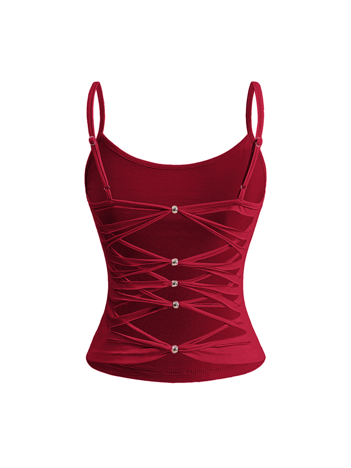 Woman wearing a black backless halter tank top with criss-cross details and textured knit fabric