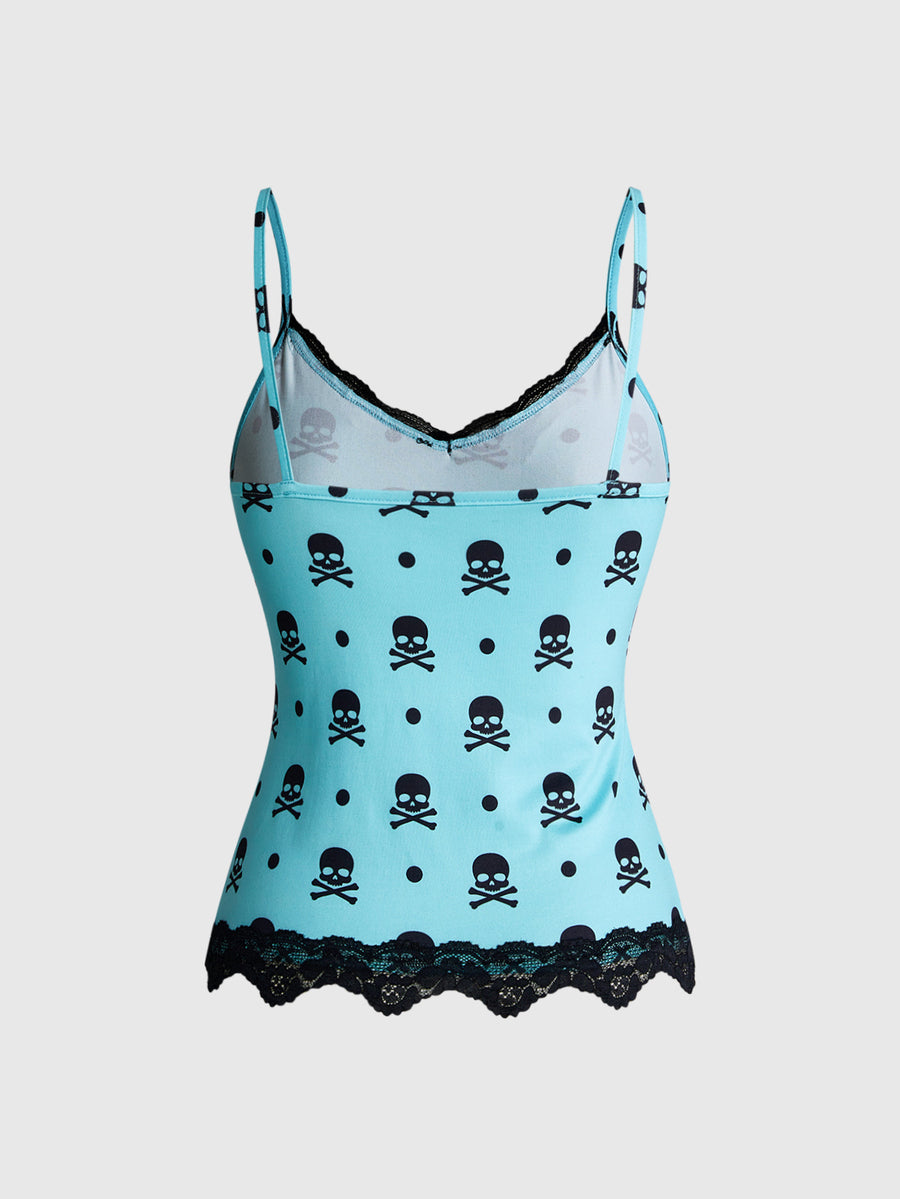 Three-piece women's camisole set featuring a retro music note and piano keyboard print, delicate contrast lace trim, front bow accent, and slim fit spaghetti straps.