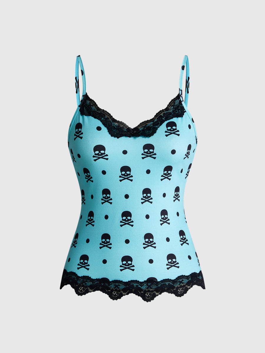 Three-piece women's camisole set featuring a retro music note and piano keyboard print, delicate contrast lace trim, front bow accent, and slim fit spaghetti straps.
