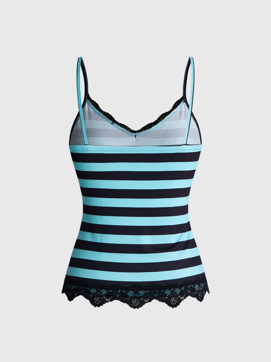 Three-piece women's camisole set featuring a retro music note and piano keyboard print, delicate contrast lace trim, front bow accent, and slim fit spaghetti straps.
