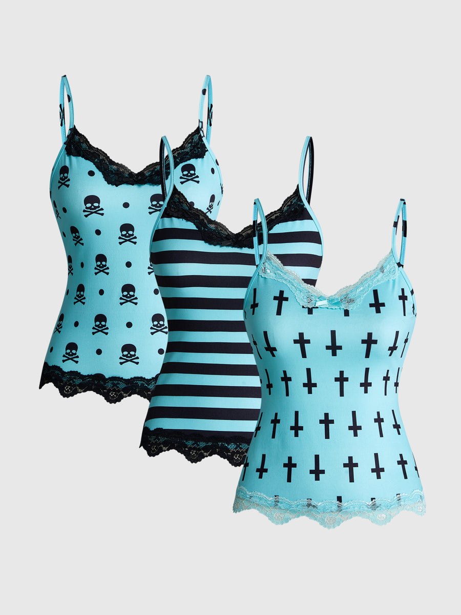 Three-piece women's camisole set featuring a retro music note and piano keyboard print, delicate contrast lace trim, front bow accent, and slim fit spaghetti straps.