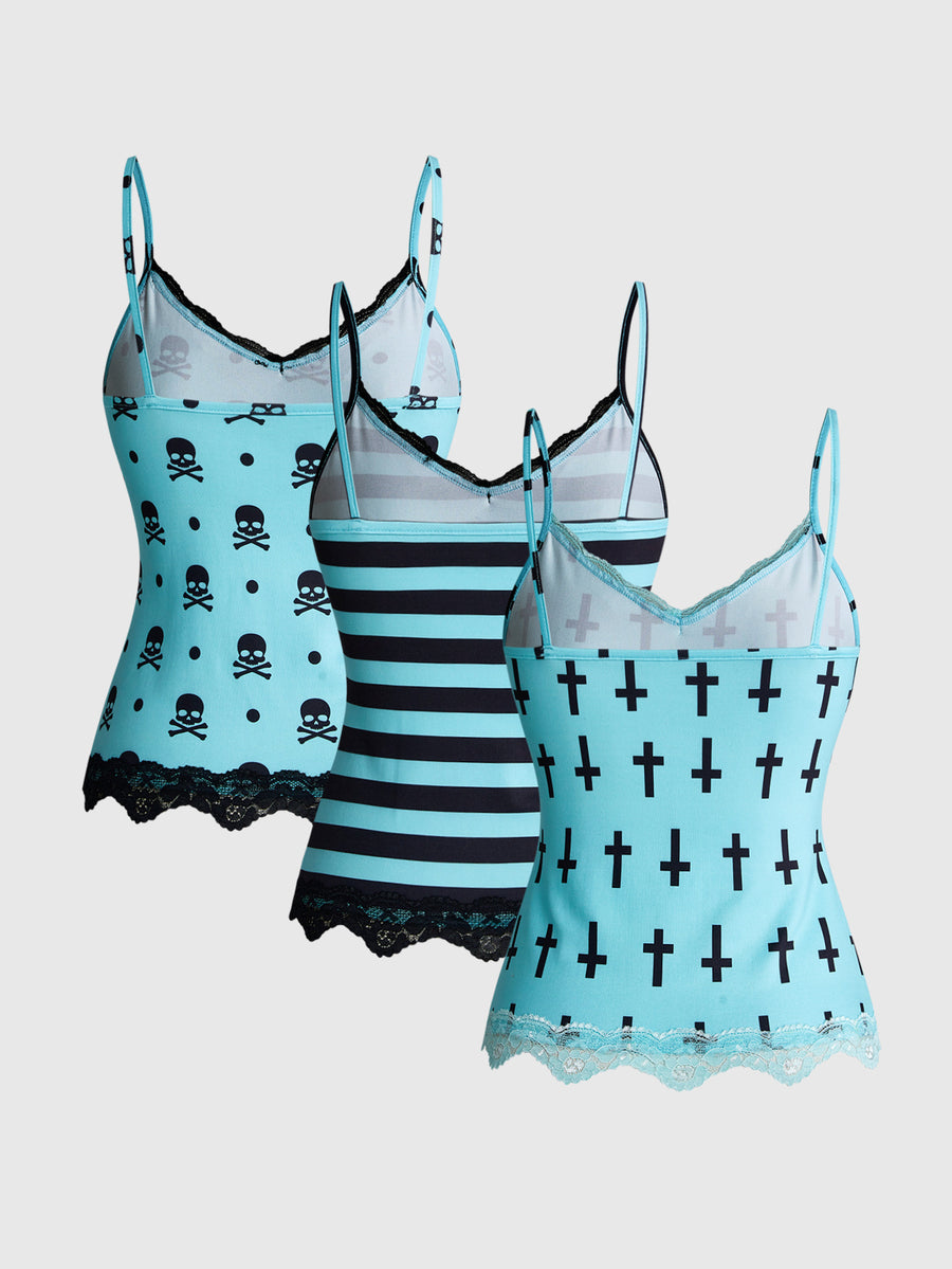 Three-piece women's camisole set featuring a retro music note and piano keyboard print, delicate contrast lace trim, front bow accent, and slim fit spaghetti straps.