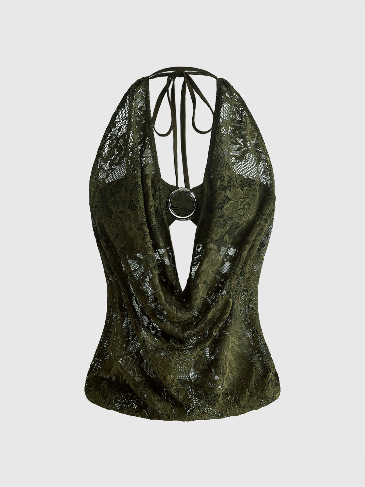 Women's cowl neck halter crop tank top featuring a draped backless design and matching bandeau inner layer.