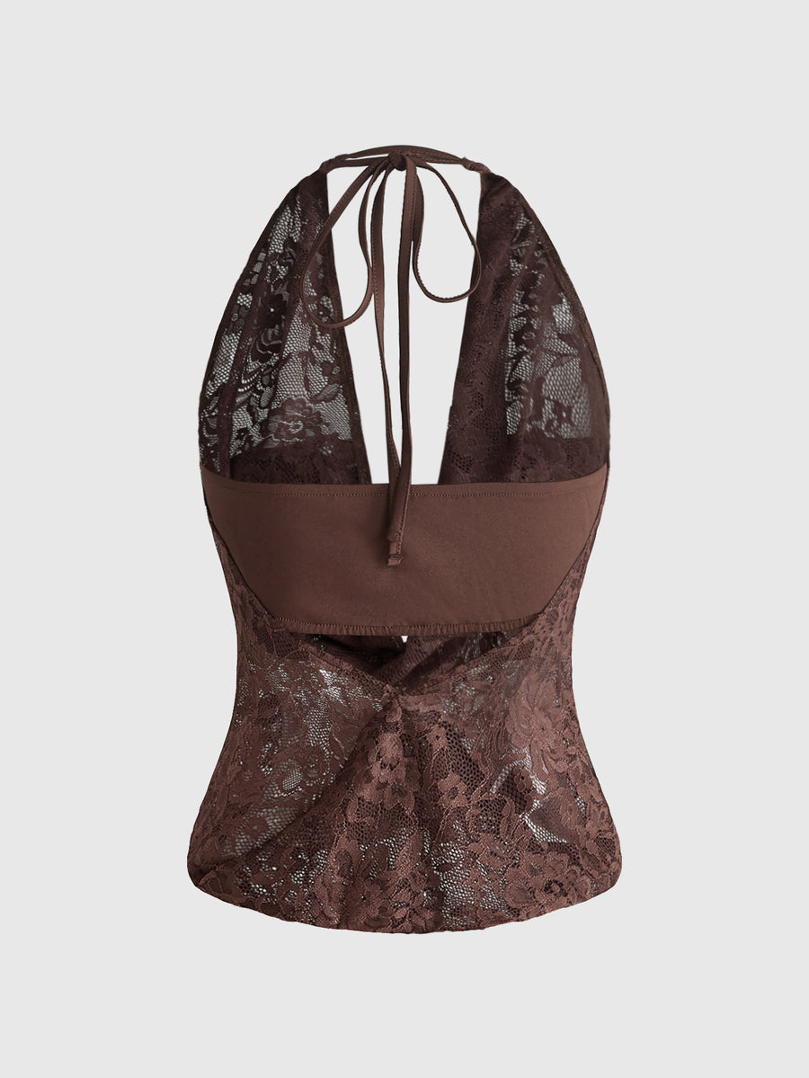 Women's cowl neck halter crop tank top featuring a draped backless design and matching bandeau inner layer.