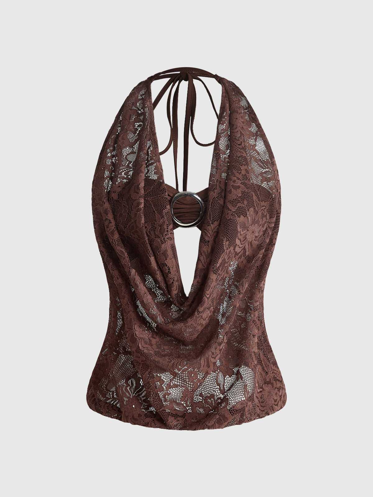 Women's cowl neck halter crop tank top featuring a draped backless design and matching bandeau inner layer.