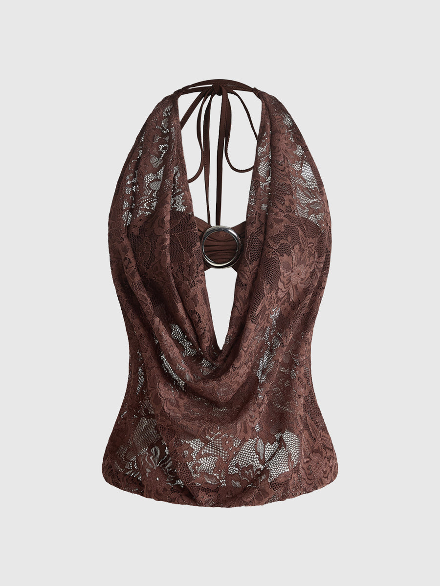 Women's cowl neck halter crop tank top featuring a draped backless design and matching bandeau inner layer.