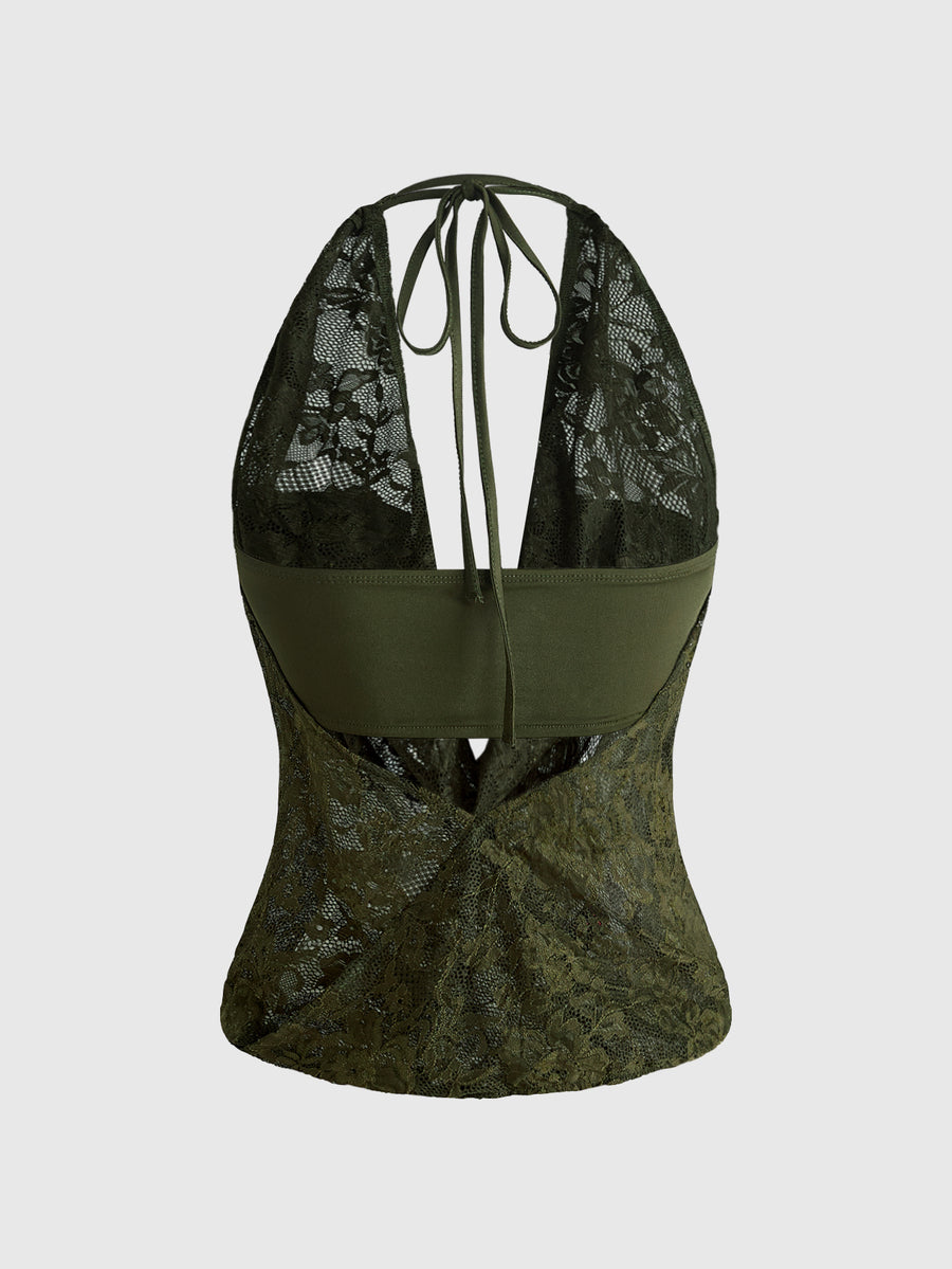 Women's cowl neck halter crop tank top featuring a draped backless design and matching bandeau inner layer.