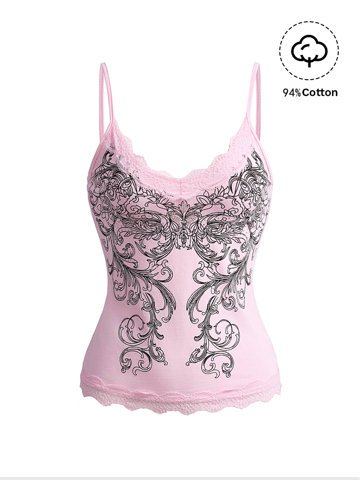 Women's pink crop cami top featuring rhinestone print, contrast lace trim, spaghetti straps, and slim fit cotton-blend fabric.