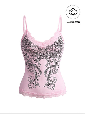Women's pink crop cami top featuring rhinestone print, contrast lace trim, spaghetti straps, and slim fit cotton-blend fabric.