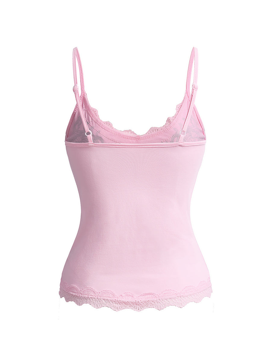 Women's pink crop cami top featuring rhinestone print, contrast lace trim, spaghetti straps, and slim fit cotton-blend fabric.