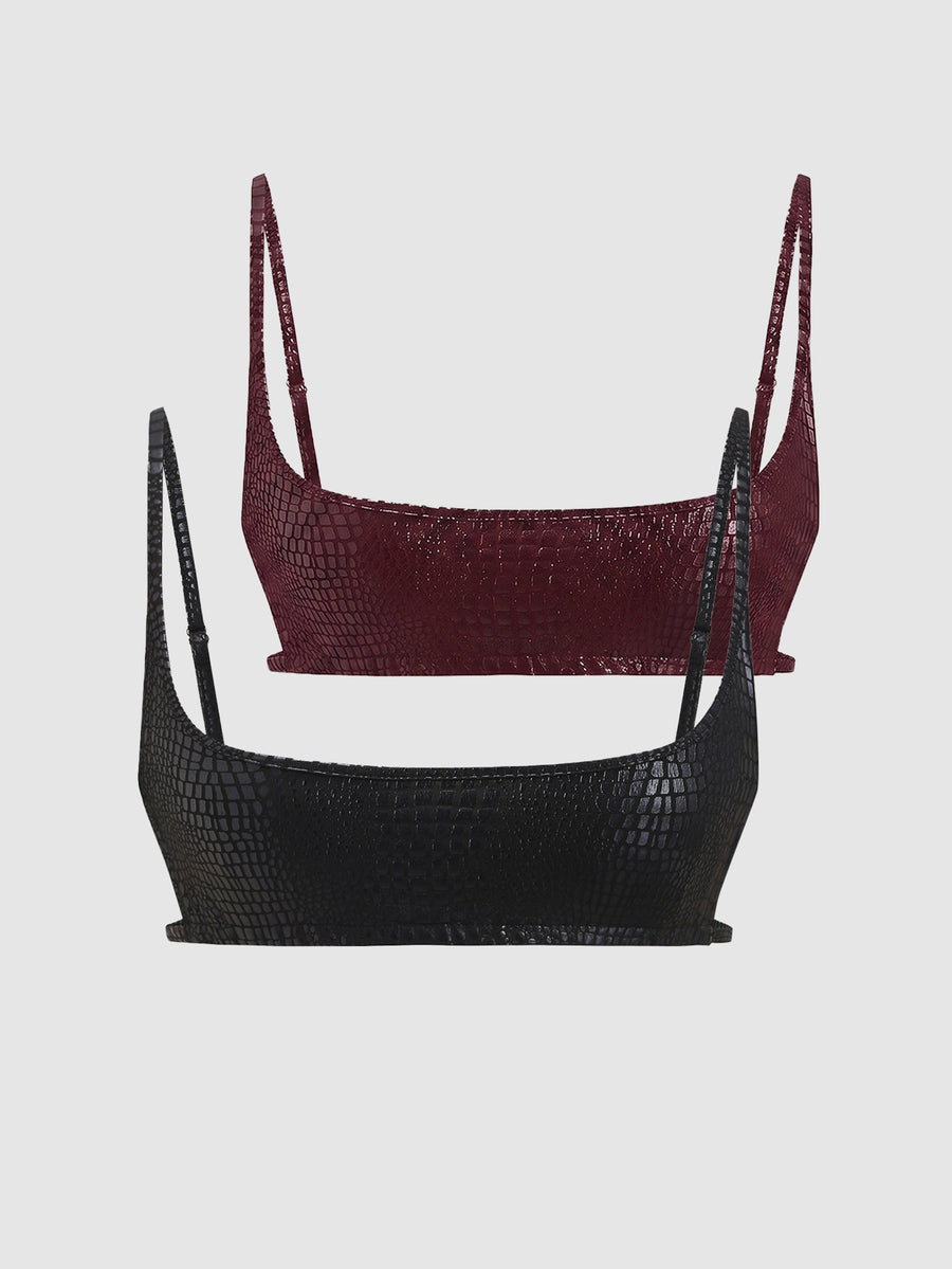 Women's black cropped camisole top with faux crocodile texture, backless spaghetti straps, and matching arm sleeves.