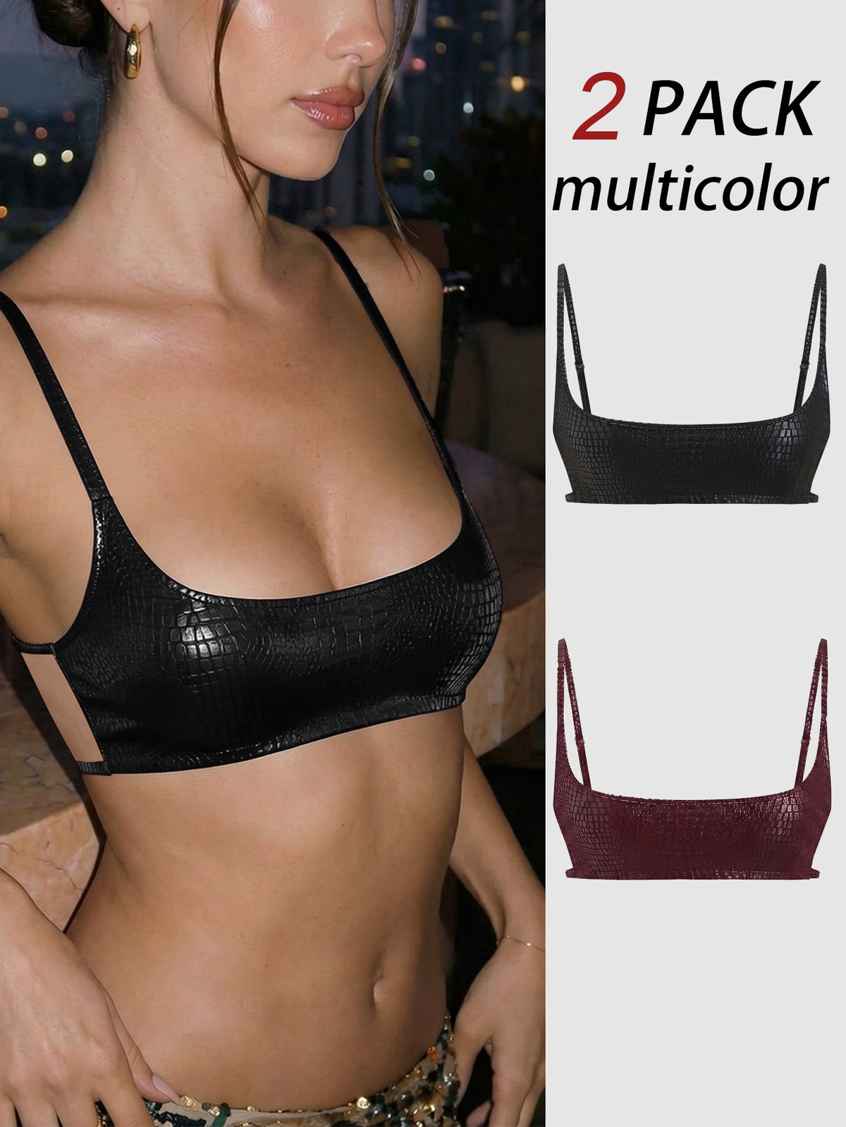Women's black cropped camisole top with faux crocodile texture, backless spaghetti straps, and matching arm sleeves.