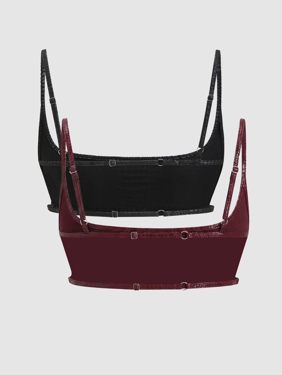 Women's black cropped camisole top with faux crocodile texture, backless spaghetti straps, and matching arm sleeves.