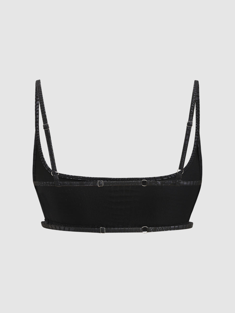 Women's black cropped camisole top with faux crocodile texture, backless spaghetti straps, and matching arm sleeves.