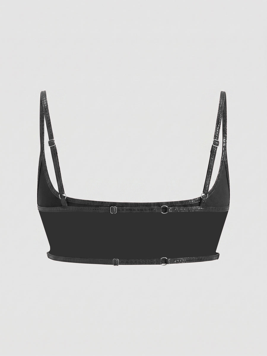 Women's black cropped camisole top with faux crocodile texture, backless spaghetti straps, and matching arm sleeves.