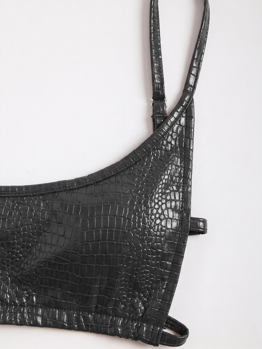 Women's black cropped camisole top with faux crocodile texture, backless spaghetti straps, and matching arm sleeves.