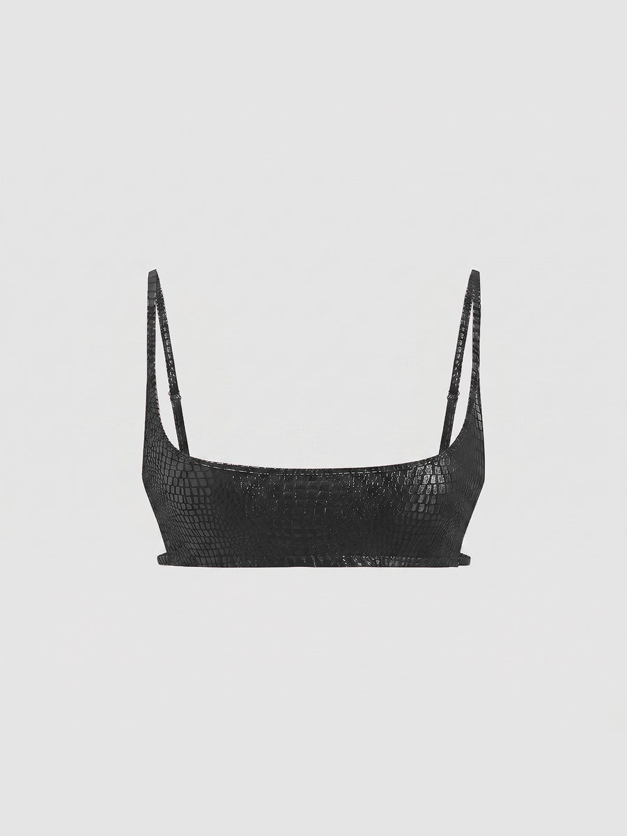 Women's black cropped camisole top with faux crocodile texture, backless spaghetti straps, and matching arm sleeves.