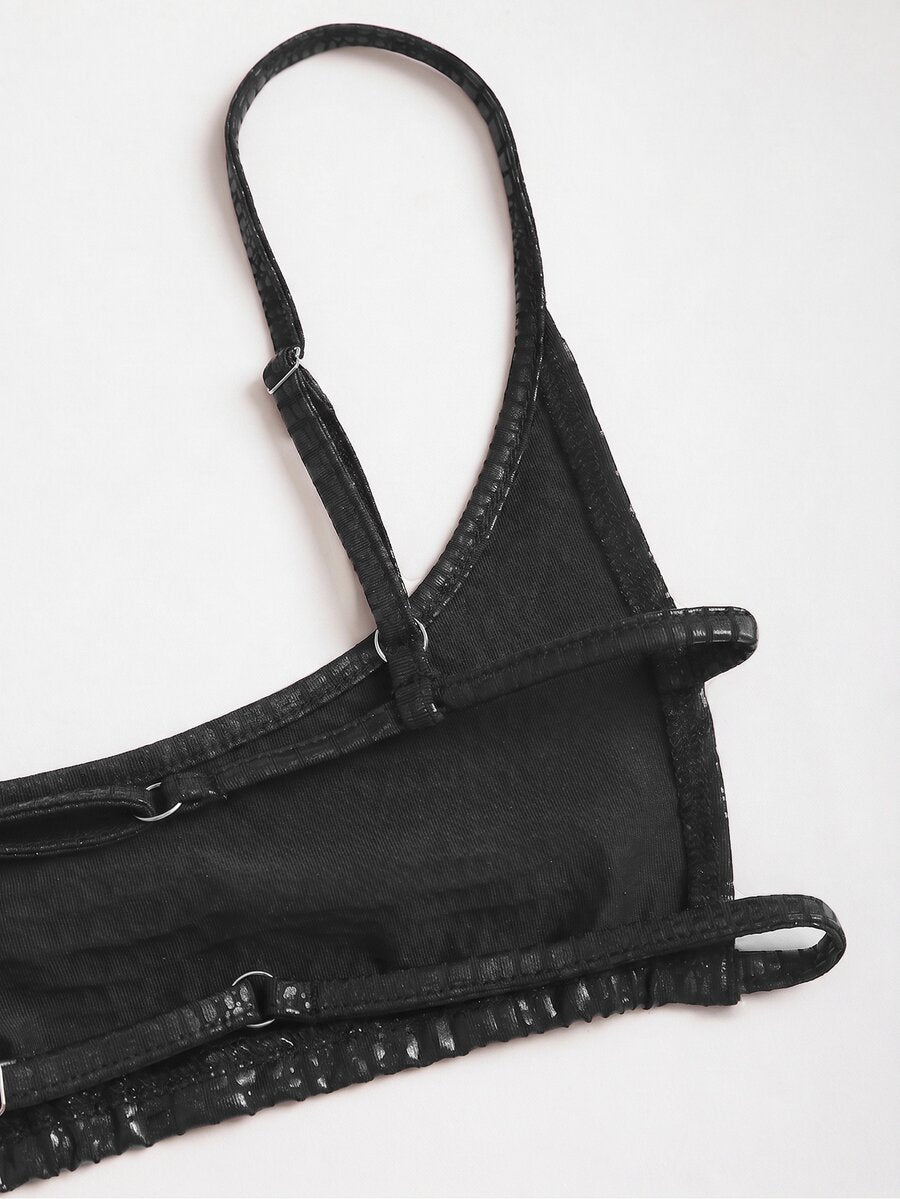 Women's black cropped camisole top with faux crocodile texture, backless spaghetti straps, and matching arm sleeves.