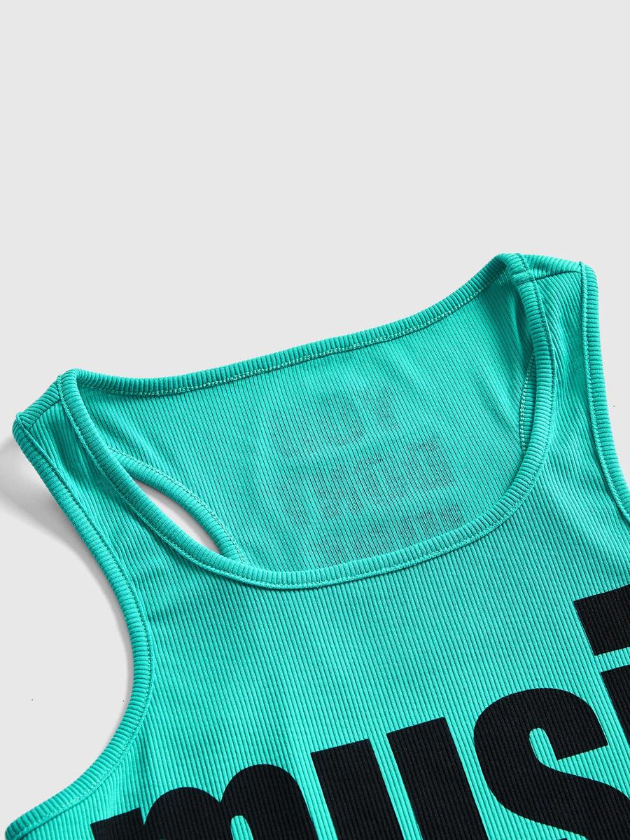Women's slim fit scoop neck tank top in knitted fabric featuring a bold graphic letter slogan print on the front.