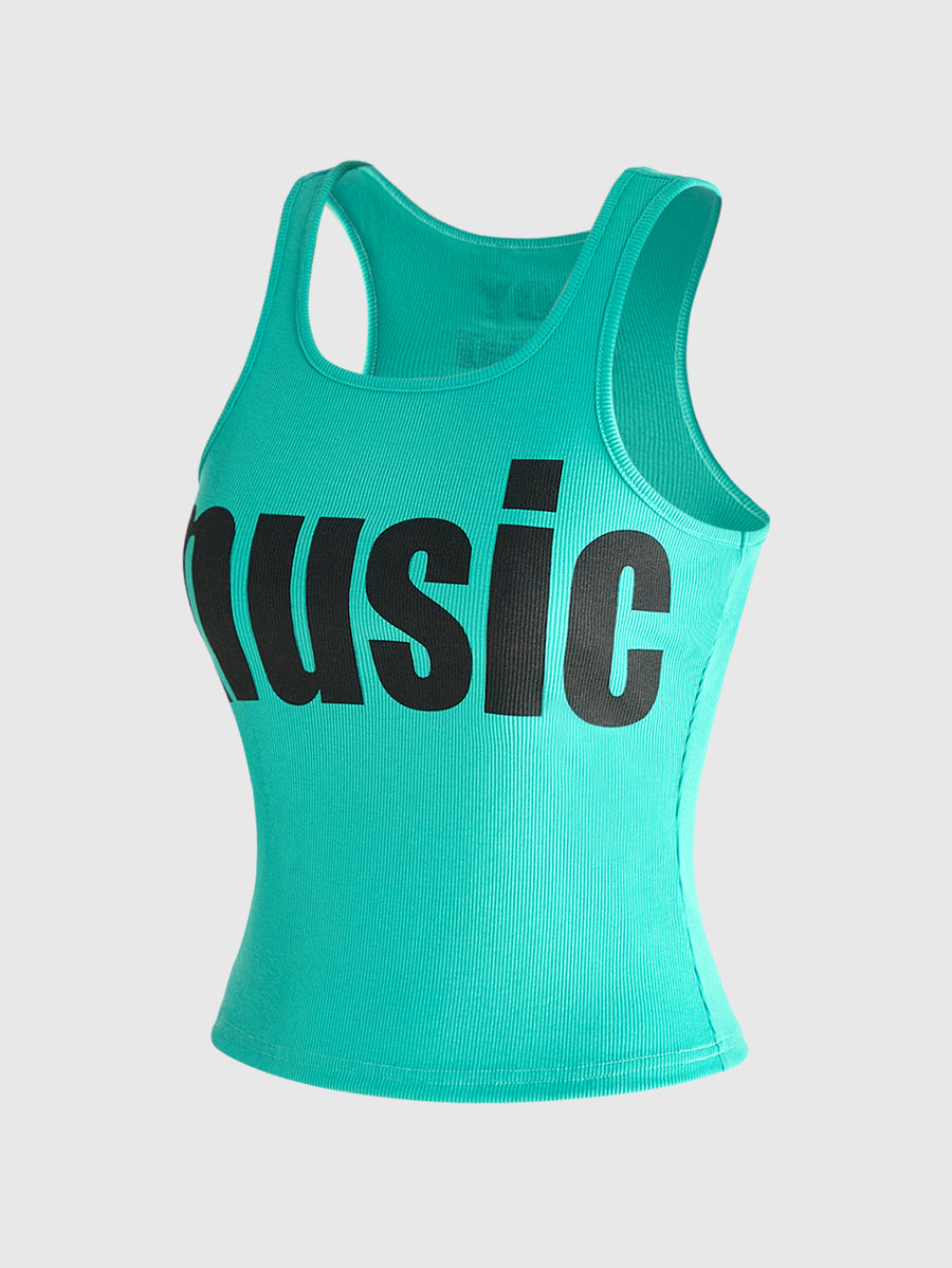 Women's slim fit scoop neck tank top in knitted fabric featuring a bold graphic letter slogan print on the front.