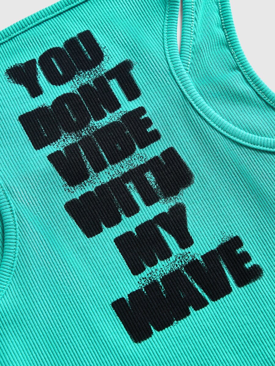 Women's slim fit scoop neck tank top in knitted fabric featuring a bold graphic letter slogan print on the front.