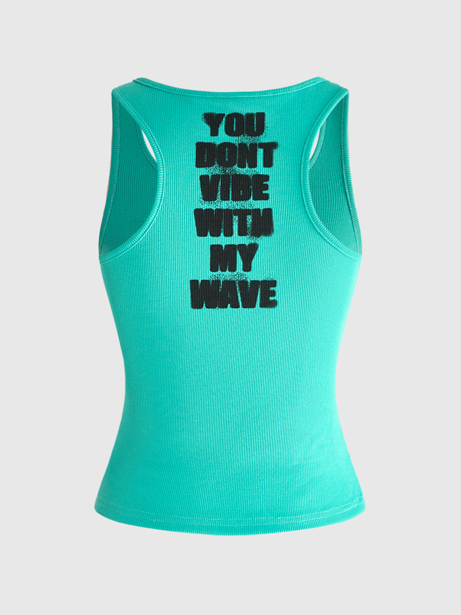 Women's slim fit scoop neck tank top in knitted fabric featuring a bold graphic letter slogan print on the front.
