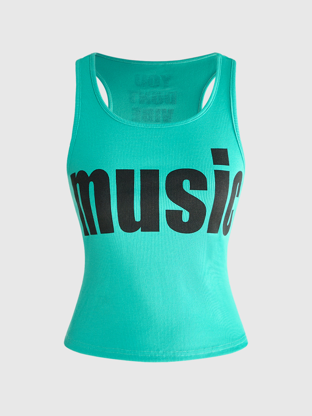 Women's slim fit scoop neck tank top in knitted fabric featuring a bold graphic letter slogan print on the front.