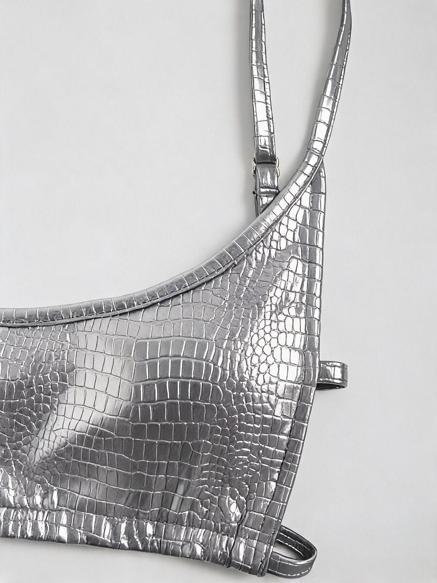 Women's black cropped camisole top with faux crocodile texture, backless spaghetti straps, and matching arm sleeves.