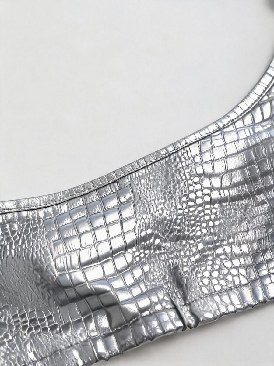 Women's black cropped camisole top with faux crocodile texture, backless spaghetti straps, and matching arm sleeves.