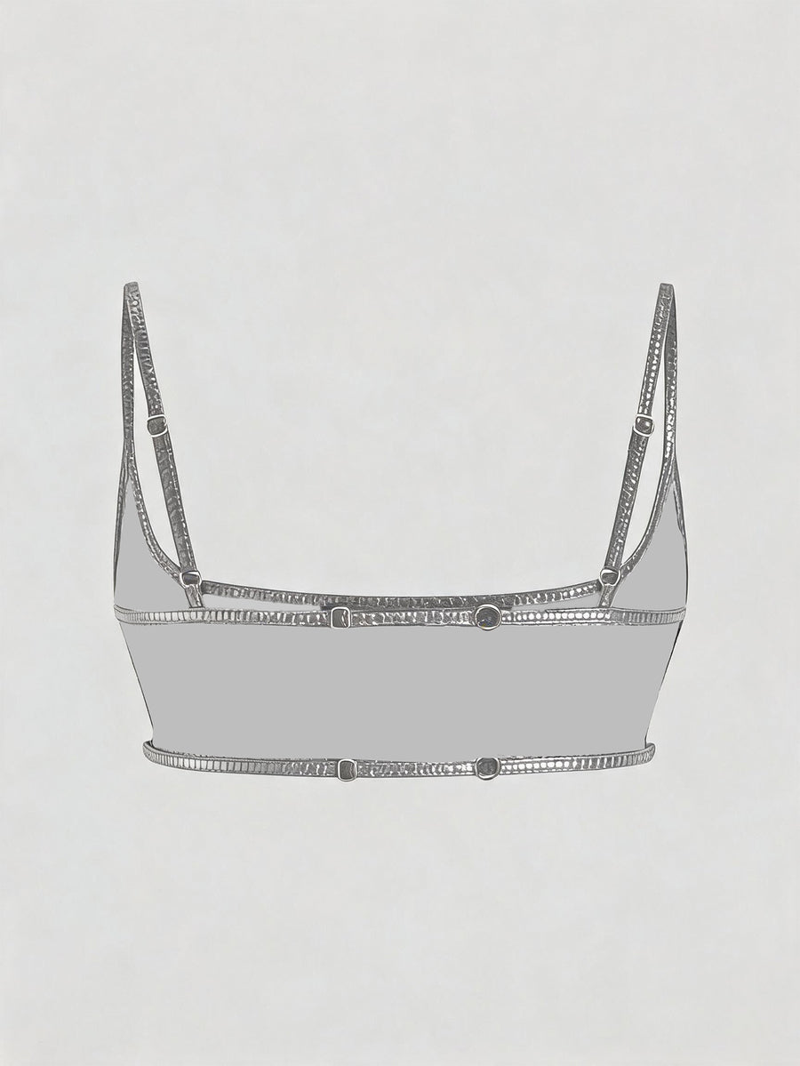 Women's black cropped camisole top with faux crocodile texture, backless spaghetti straps, and matching arm sleeves.