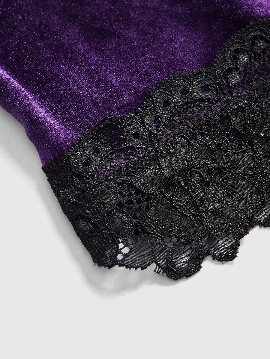 Black gothic velvet crop tank top for women featuring contrast lace trim, bow accent, spaghetti straps, and a metal cross detail.