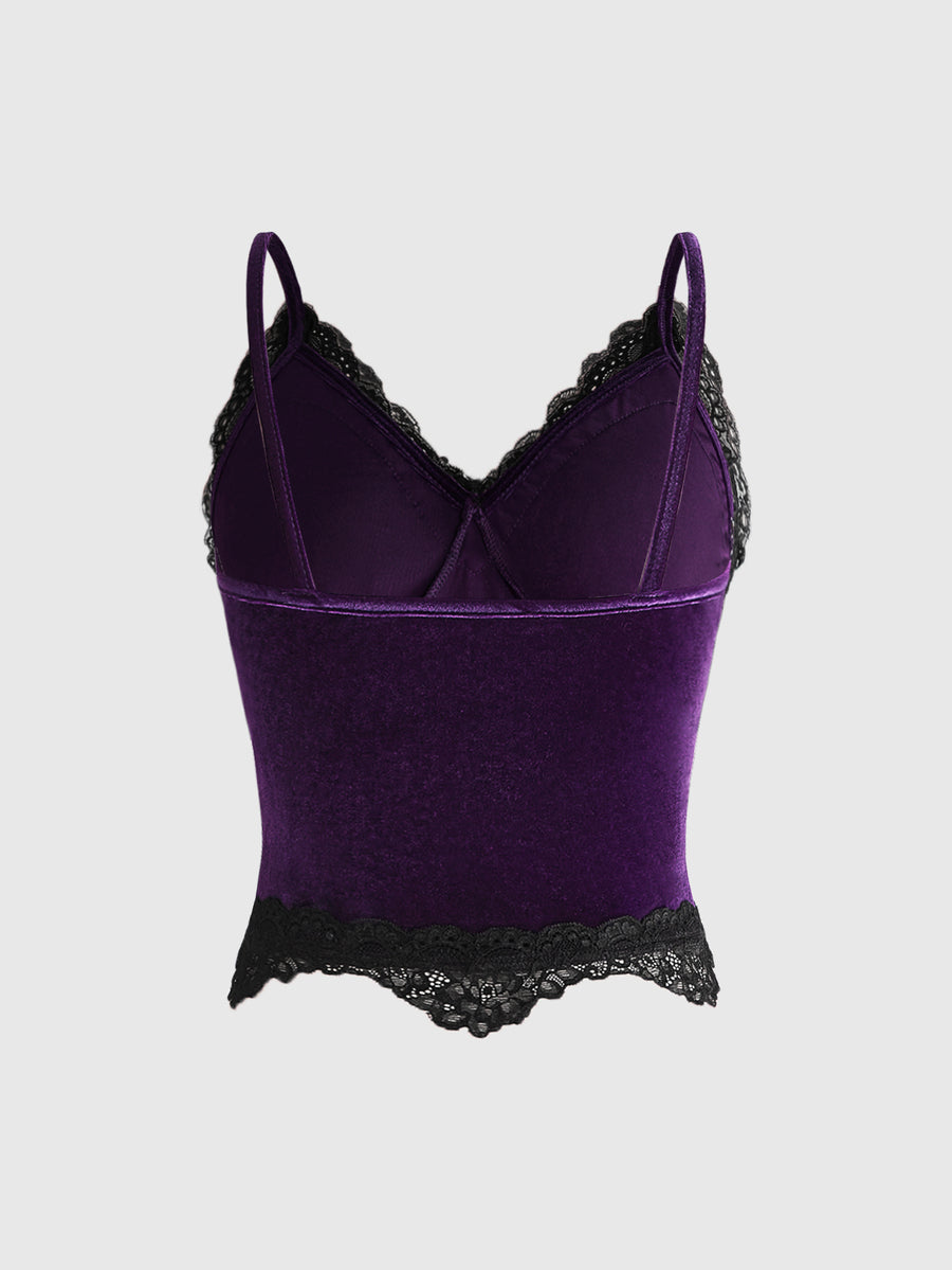 Black gothic velvet crop tank top for women featuring contrast lace trim, bow accent, spaghetti straps, and a metal cross detail.