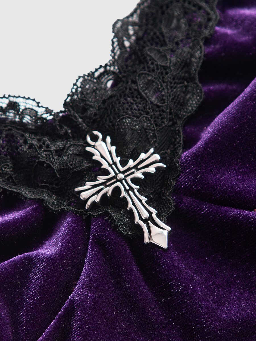 Black gothic velvet crop tank top for women featuring contrast lace trim, bow accent, spaghetti straps, and a metal cross detail.