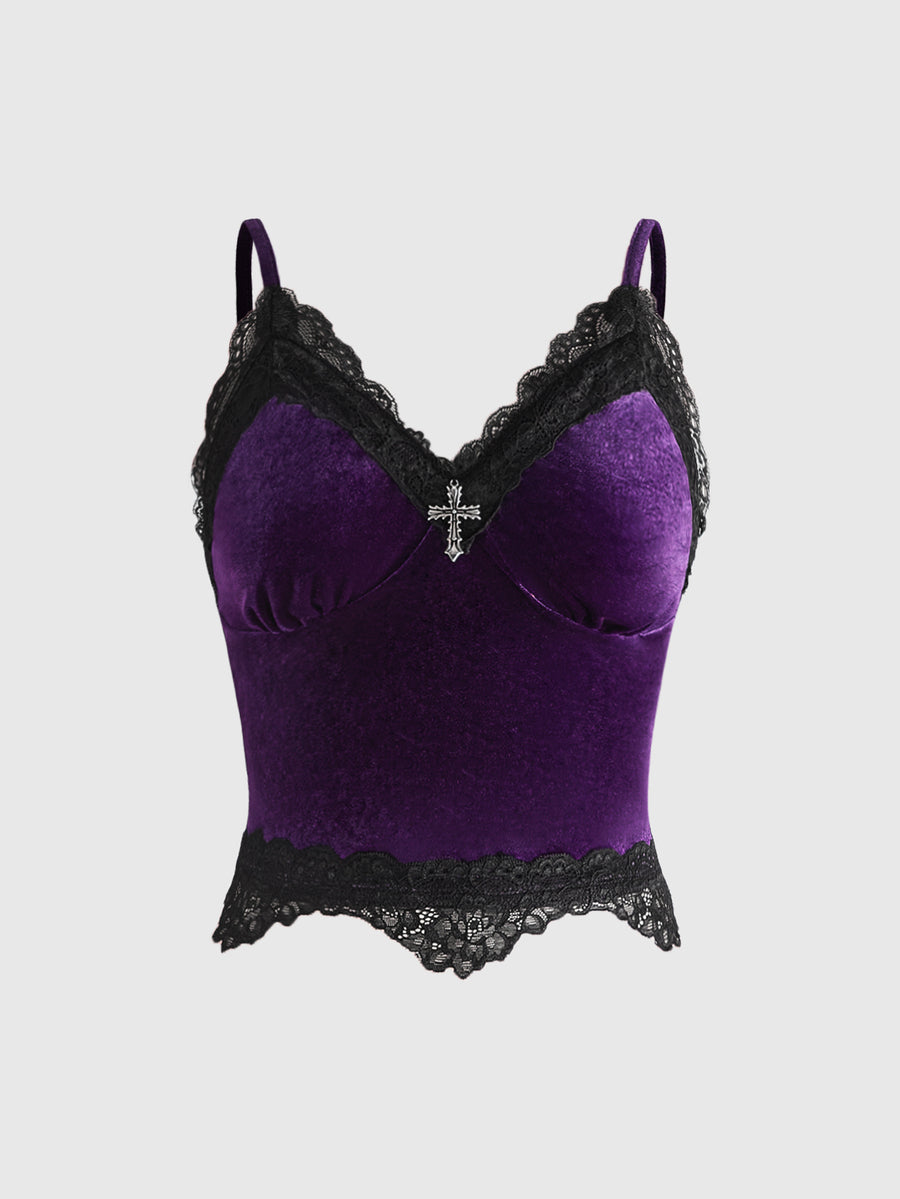 Black gothic velvet crop tank top for women featuring contrast lace trim, bow accent, spaghetti straps, and a metal cross detail.