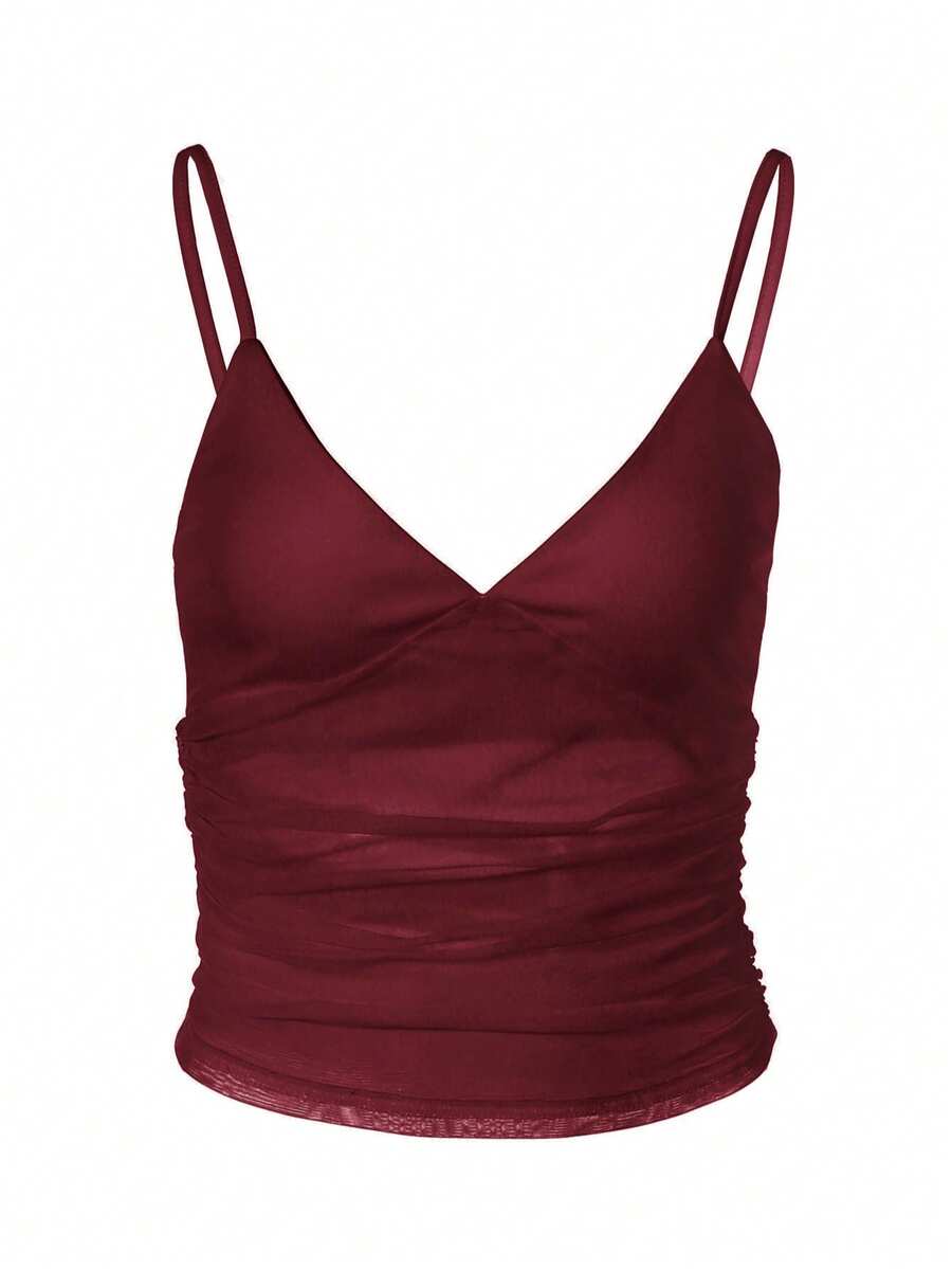 Ruched mesh spaghetti strap camisole top for women featuring semi-sheer details and a slim fit.