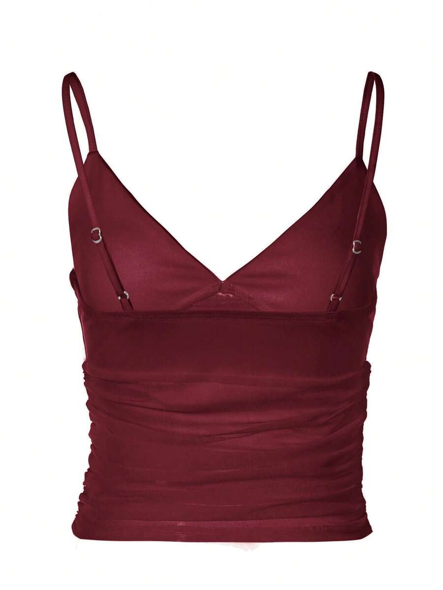 Ruched mesh spaghetti strap camisole top for women featuring semi-sheer details and a slim fit.