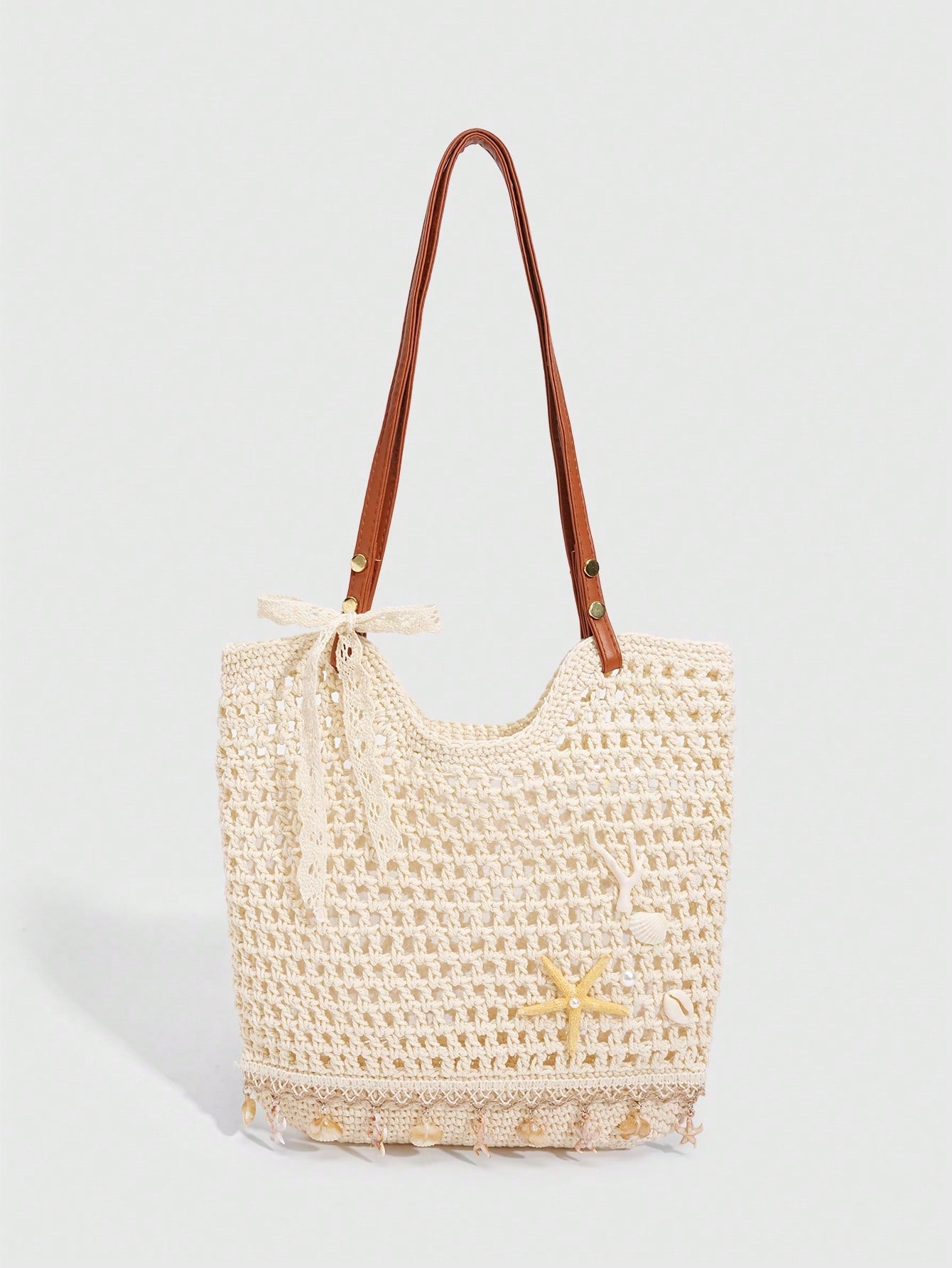 ROMWE Fairycore 1 Pc Tropical Ocean Beach Vacation Style Woven Hollow Beige Women's Shoulder Crossbody Handbag, Large Capacity Travel Vacation Bag