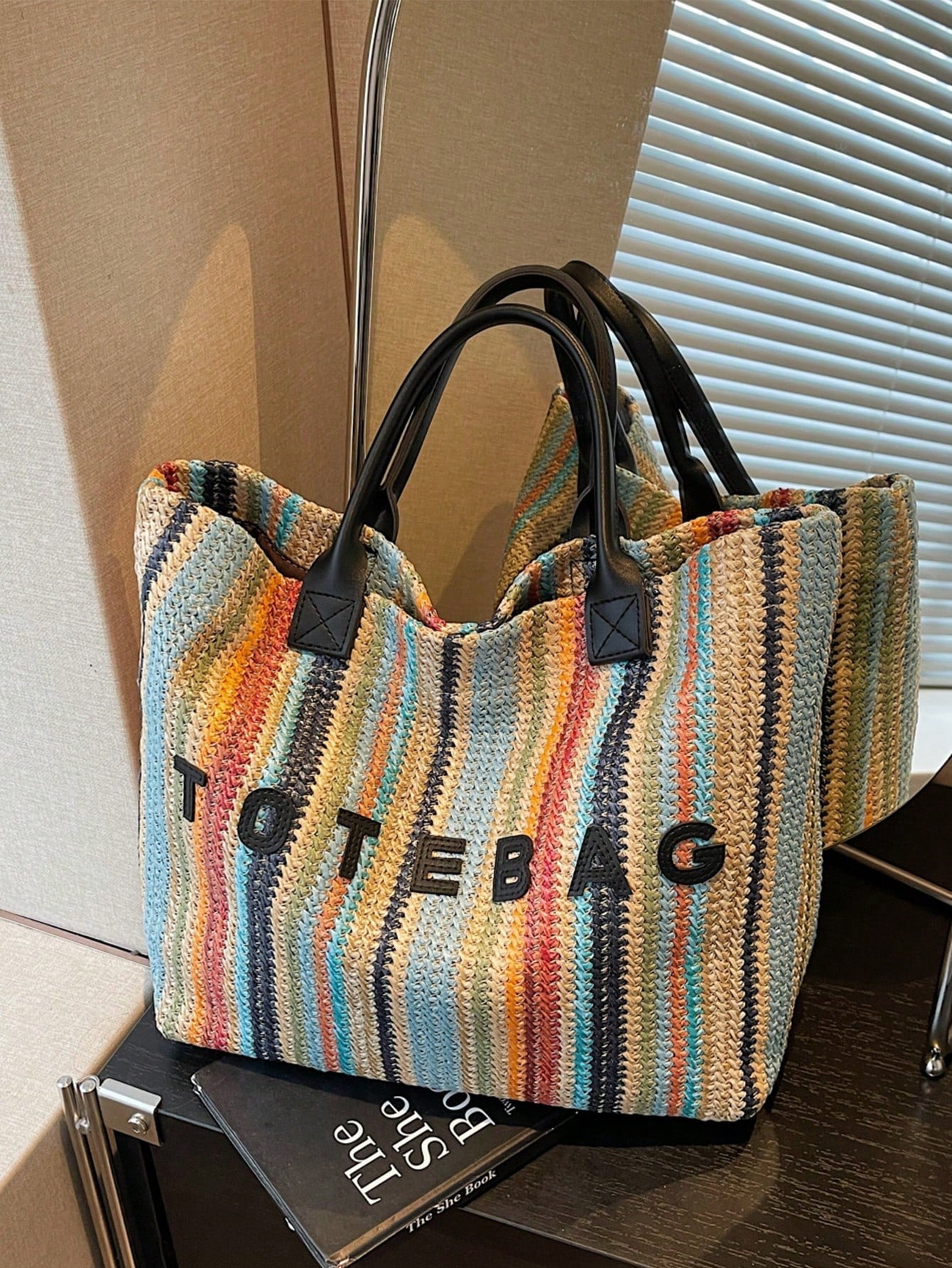 New Large Capacity Letter Decor Woven Straw Tote Bag, Multi-Functional Commute Casual Vacation Woven Straw Handbag Suitable For Commuting, Shopping, Beach Vacation, Office, Holidays