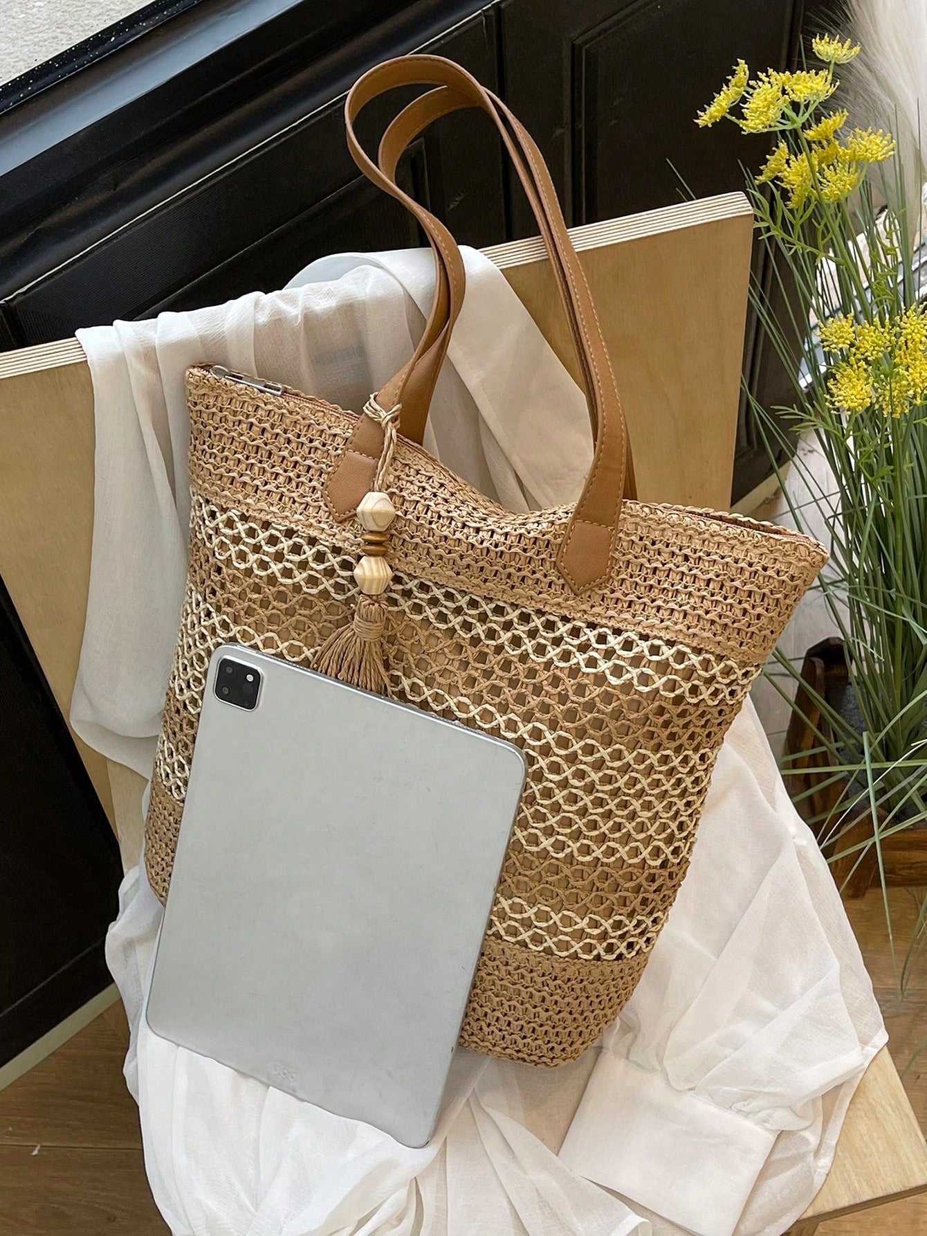 Tasseled Accent Colorblock Tote Bag, Beach Vacation Bag