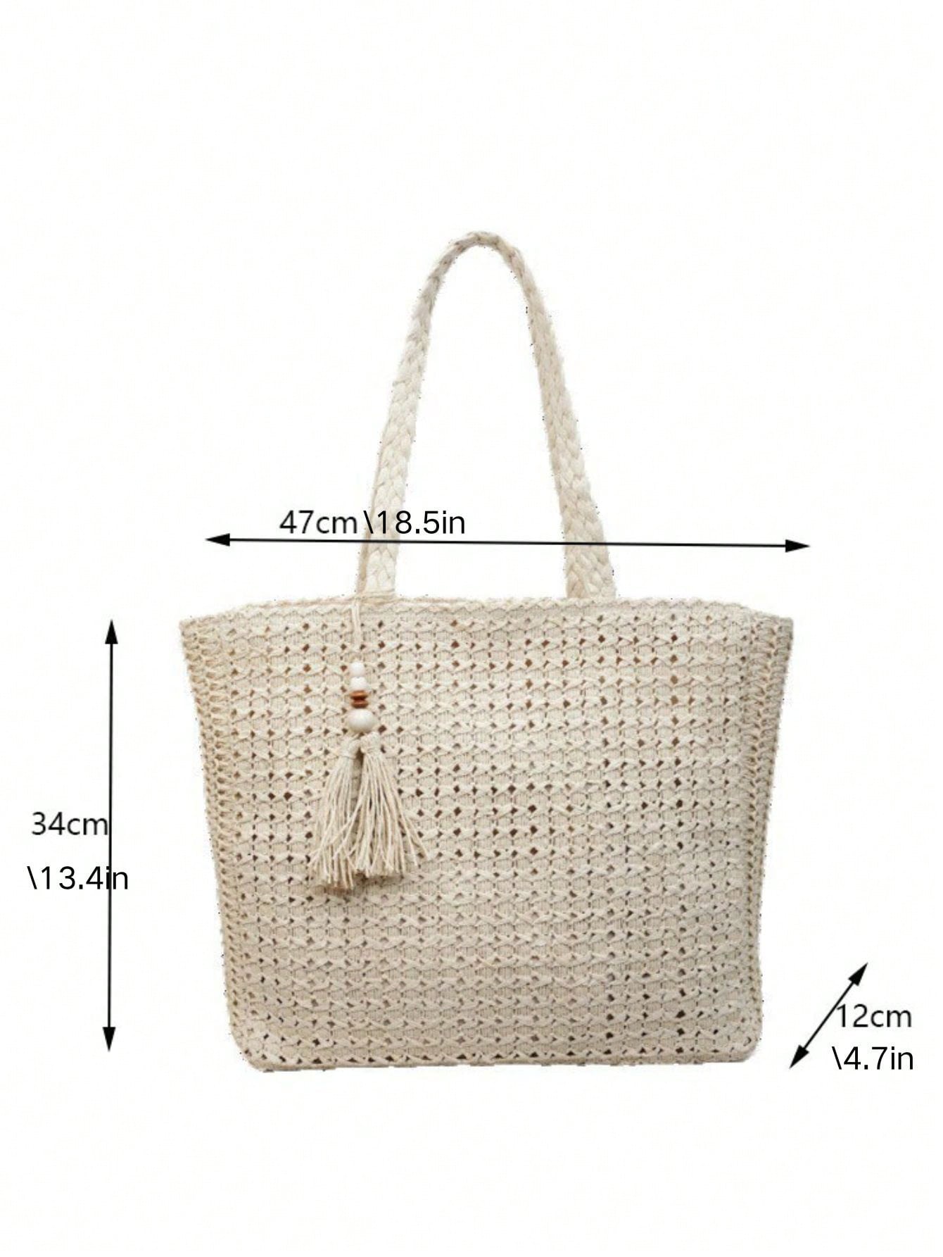 Women's Large Capacity Straw Vacation Beach Bag, Woven With Tassels, Shoulder Handbag Wallet, Casual Fashion Travel Bag, Portable Bohemian Foldable Tote , Bohemian Outfit For Women , Summer, Boho
